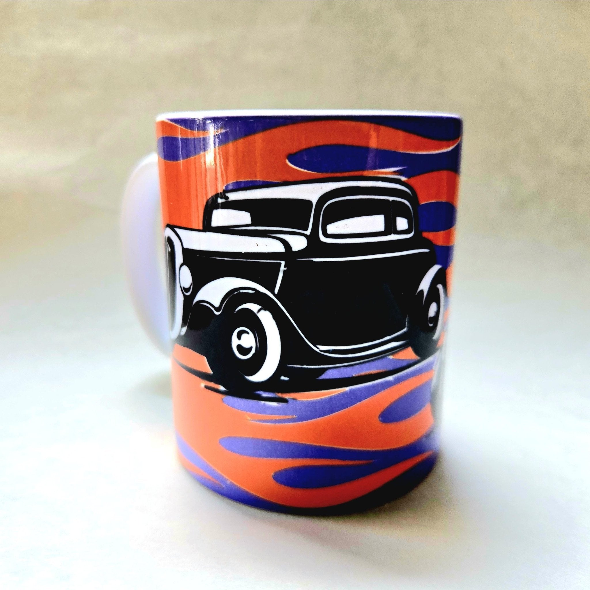 Vintage Hot Rod Coffee Mug: Flamed Ceramic Race Car Design - Coffee Quips Custom Drinkware