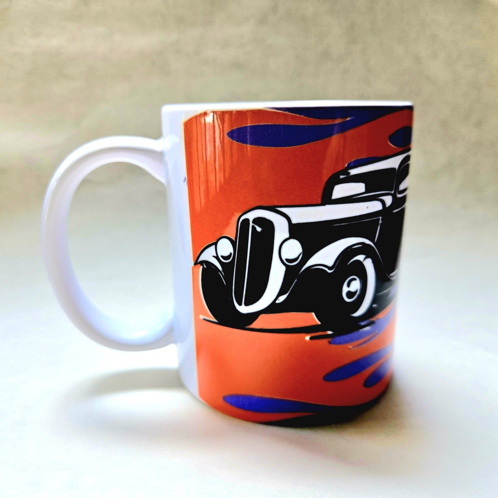 Vintage Hot Rod Coffee Mug: Flamed Ceramic Race Car Design - Coffee Quips Custom Drinkware
