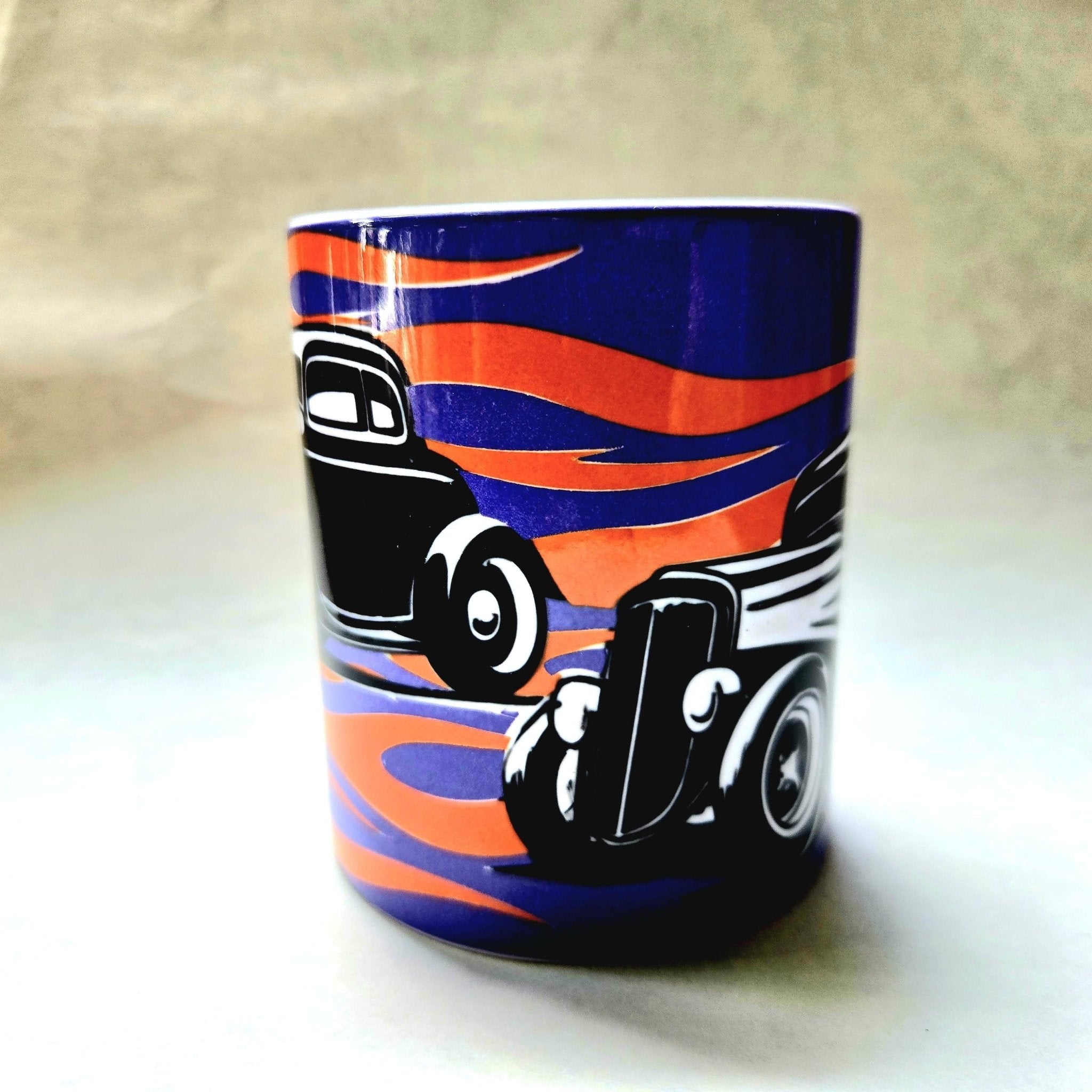 Vintage Hot Rod Coffee Mug: Flamed Ceramic Race Car Design - Coffee Quips Custom Drinkware