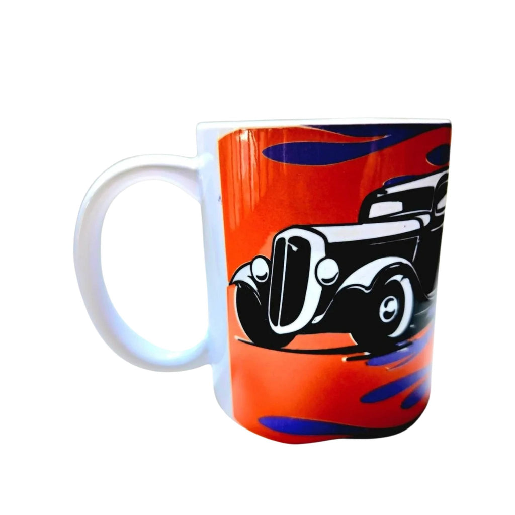 Vintage Hot Rod Coffee Mug: Flamed Ceramic Race Car Design - Coffee Quips Custom Drinkware