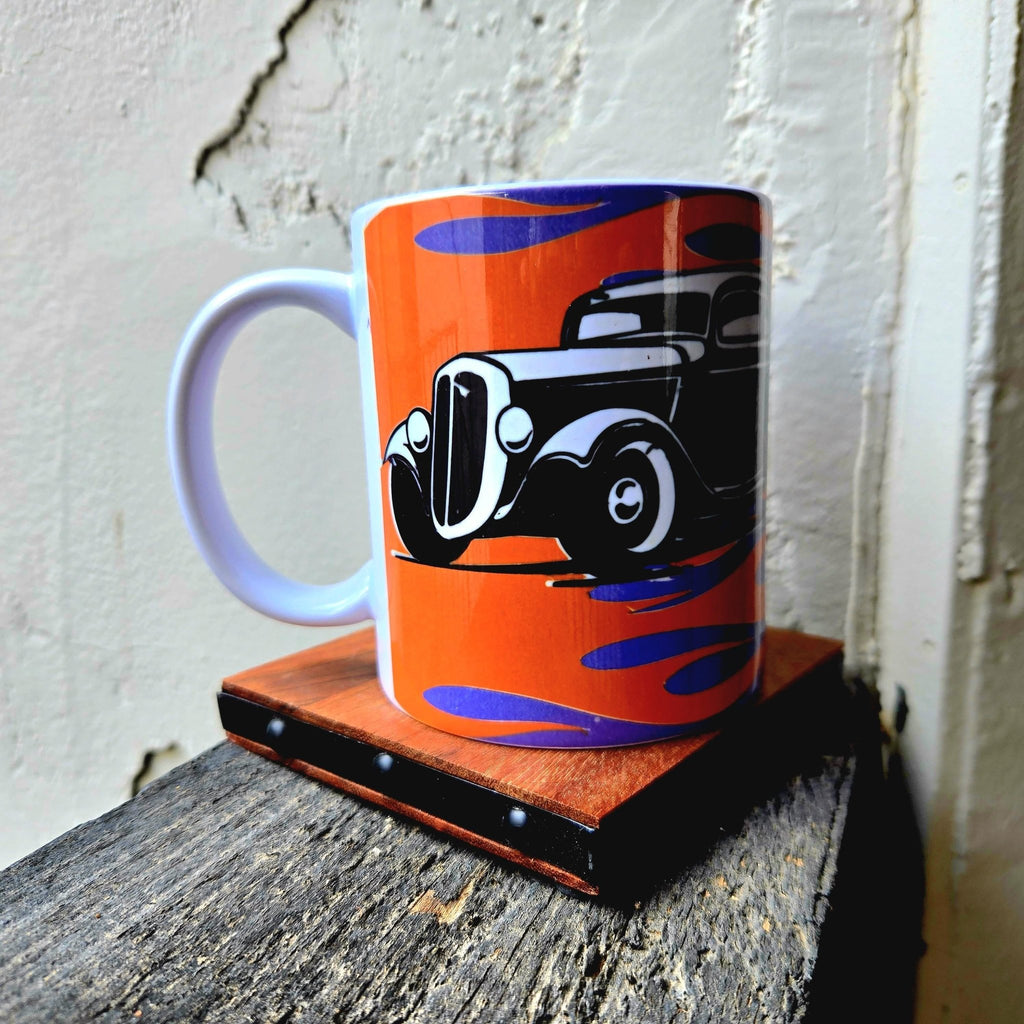 Vintage Hot Rod Coffee Mug: Flamed Ceramic Race Car Design - Coffee Quips Custom Drinkware