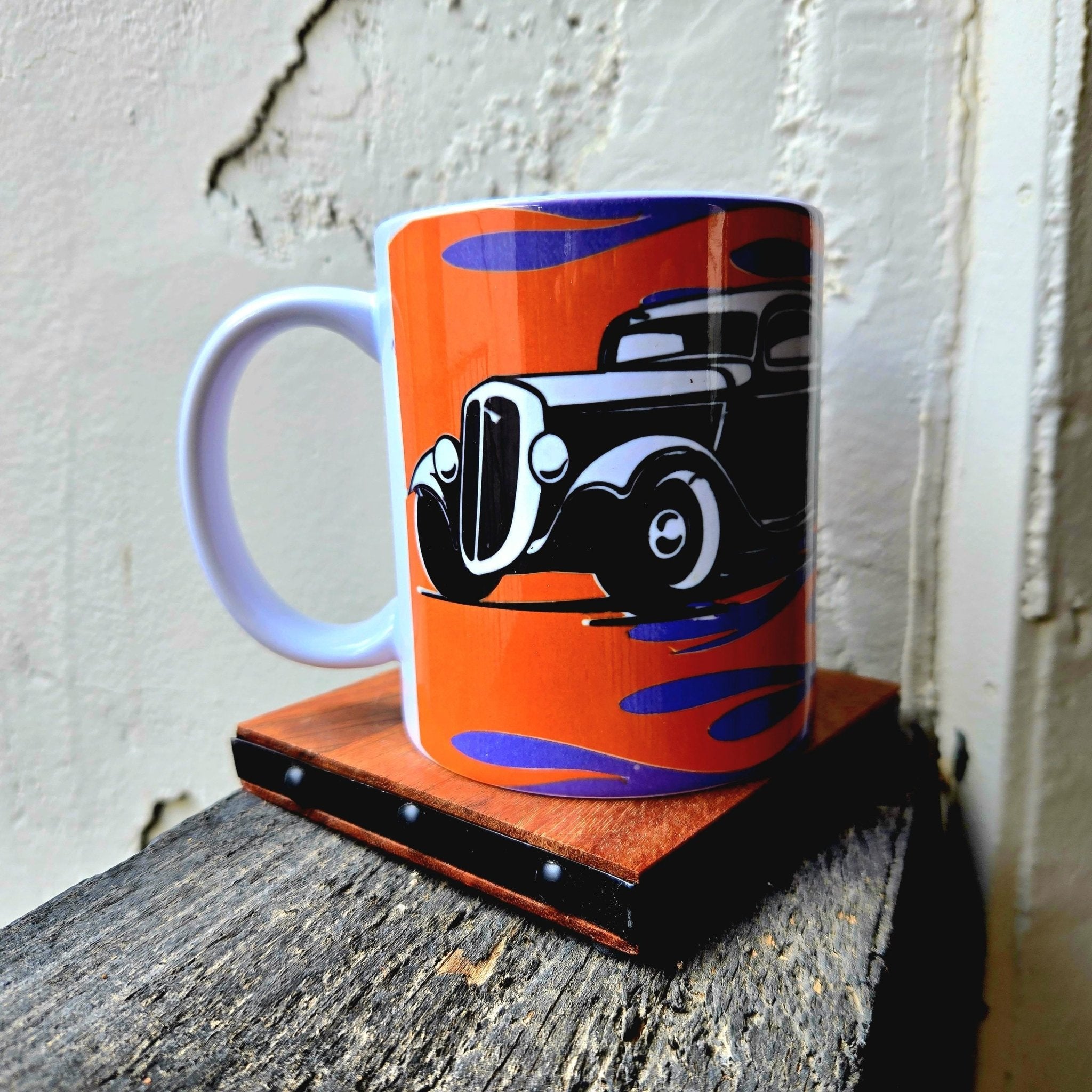 Vintage Hot Rod Coffee Mug: Flamed Ceramic Race Car Design - Coffee Quips Custom Drinkware