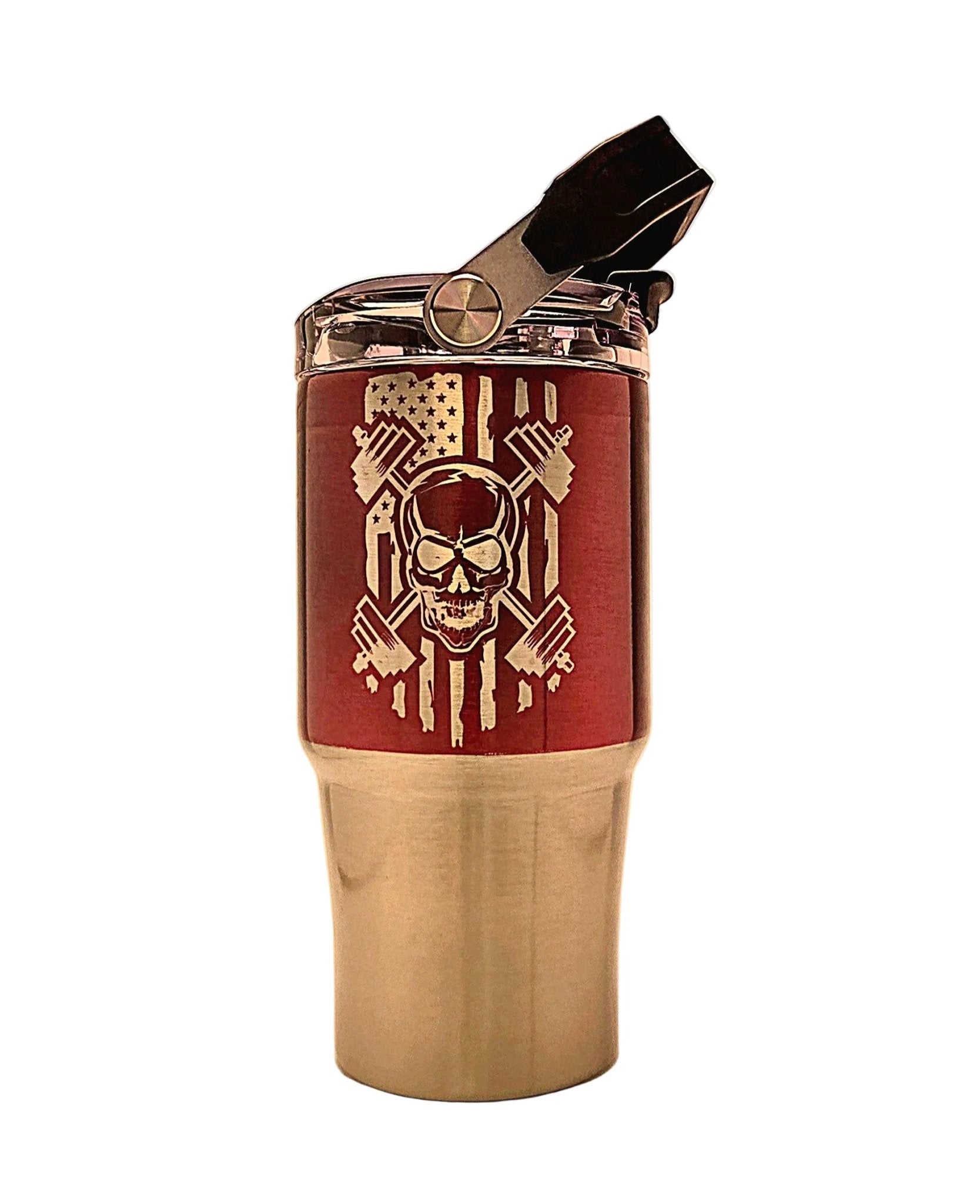 Weight lifting Skull and Flag 20oz Stainless Tumbler with Carrying Handle and Tri Sip Lid - Coffee Quips Custom Drinkware