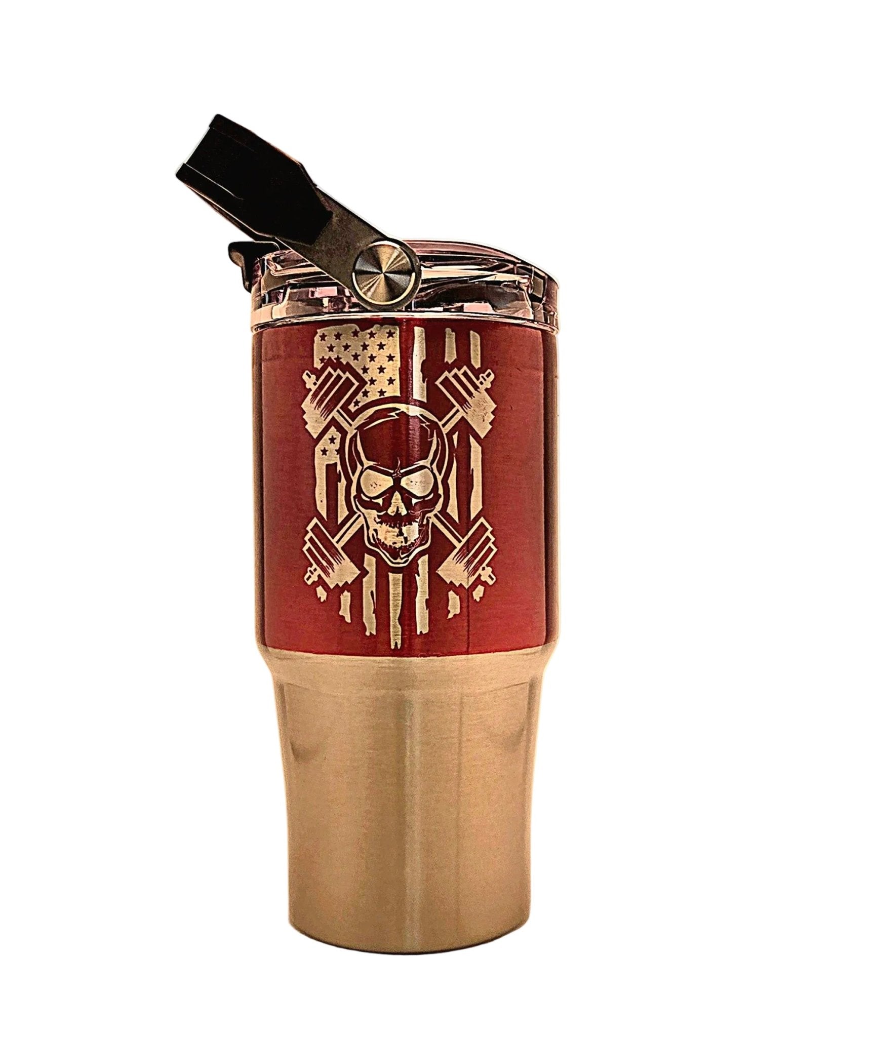 Weight lifting Skull and Flag 20oz Stainless Tumbler with Carrying Handle and Tri Sip Lid - Coffee Quips Custom Drinkware