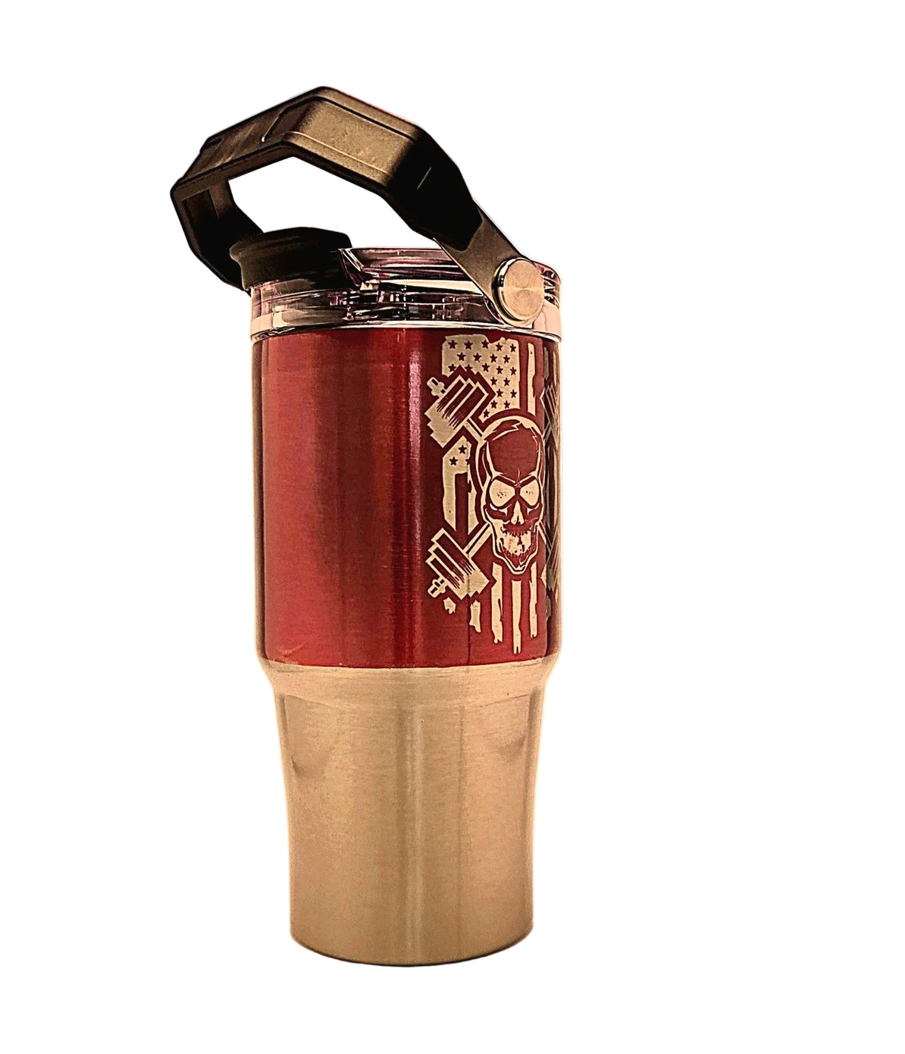 Weight lifting Skull and Flag 20oz Stainless Tumbler with Carrying Handle and Tri Sip Lid - Coffee Quips Custom Drinkware