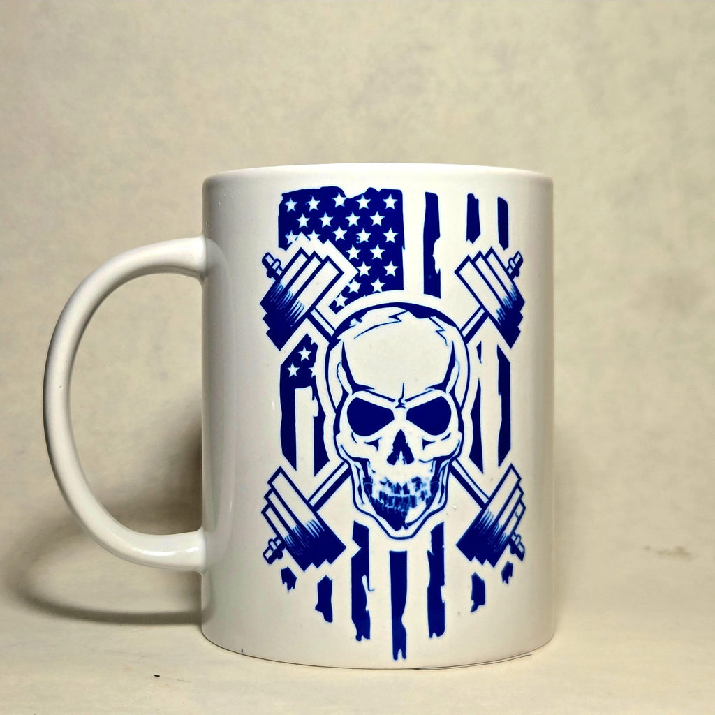 Weightlifting Coffee Mug: Skull, Weights, American Flag Design 15oz - Coffee Quips Custom Drinkware