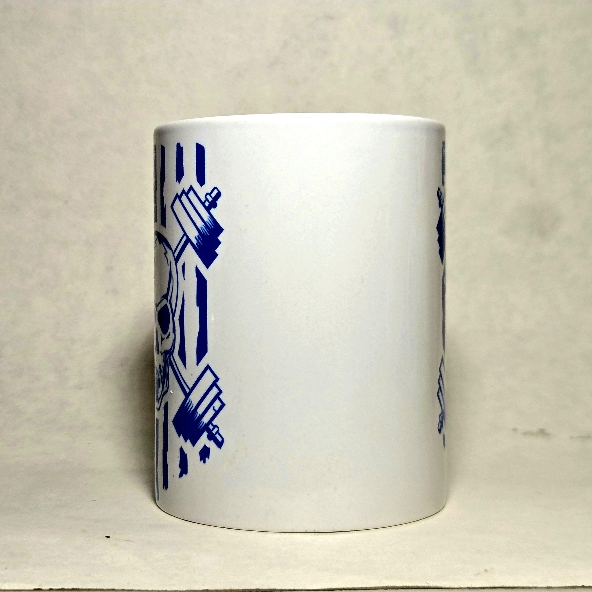 Weightlifting Coffee Mug: Skull, Weights, American Flag Design 15oz - Coffee Quips Custom Drinkware