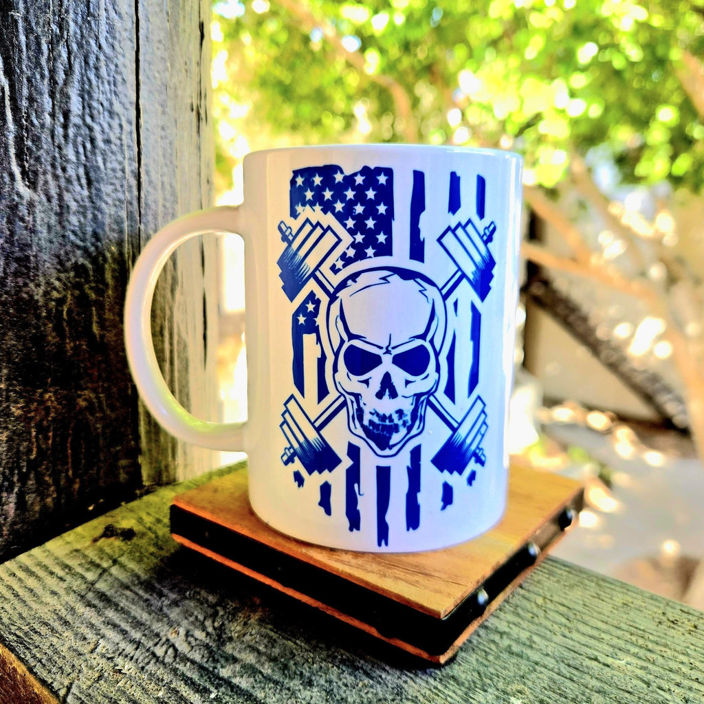 Weightlifting Coffee Mug: Skull, Weights, American Flag Design 15oz - Coffee Quips Custom Drinkware