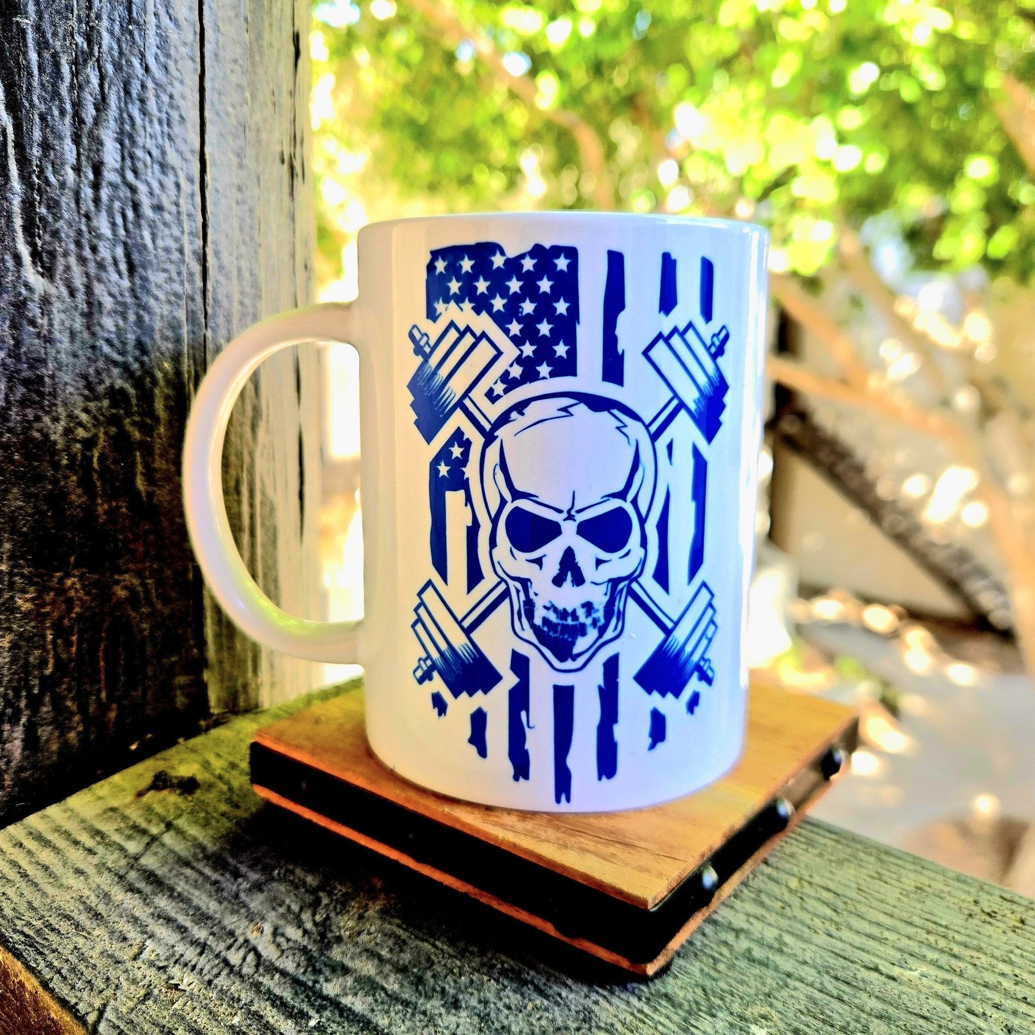Weightlifting Coffee Mug: Skull, Weights, American Flag Design 15oz - Coffee Quips Custom Drinkware