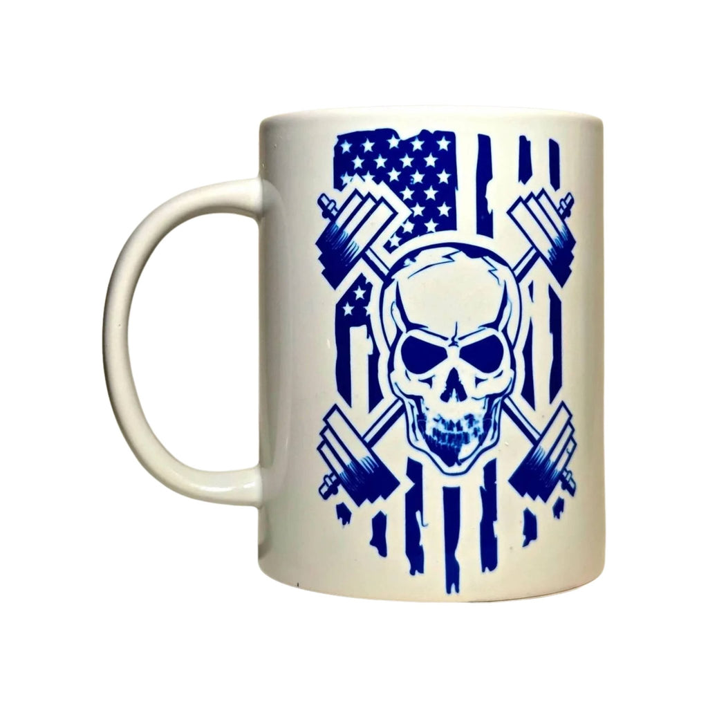 Weightlifting Coffee Mug: Skull, Weights, American Flag Design 15oz - Coffee Quips Custom Drinkware