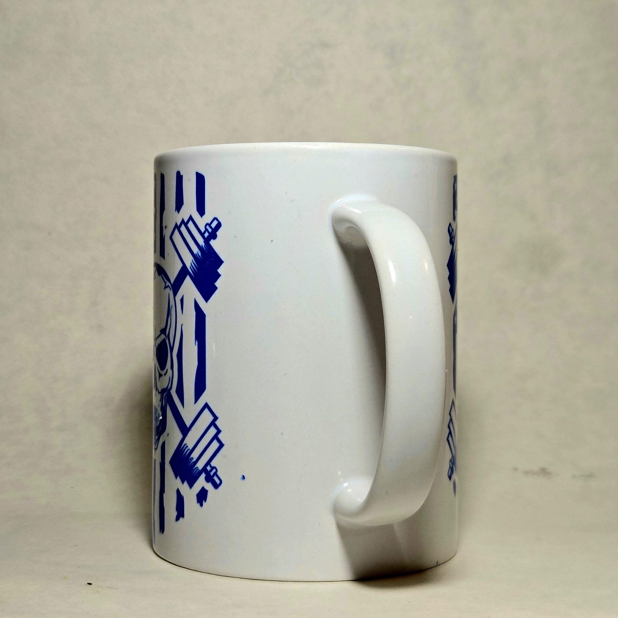 Weightlifting Coffee Mug: Skull, Weights, American Flag Design 15oz - Coffee Quips Custom Drinkware