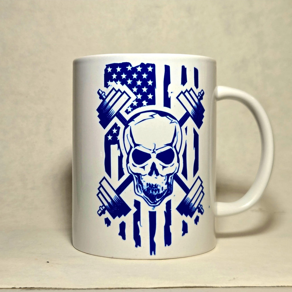 Weightlifting Coffee Mug: Skull, Weights, American Flag Design 15oz - Coffee Quips Custom Drinkware