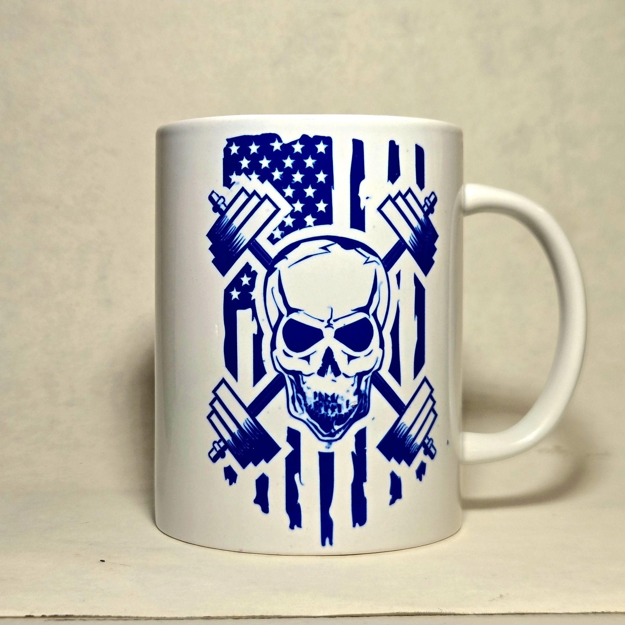 Weightlifting Coffee Mug: Skull, Weights, American Flag Design 15oz - Coffee Quips Custom Drinkware